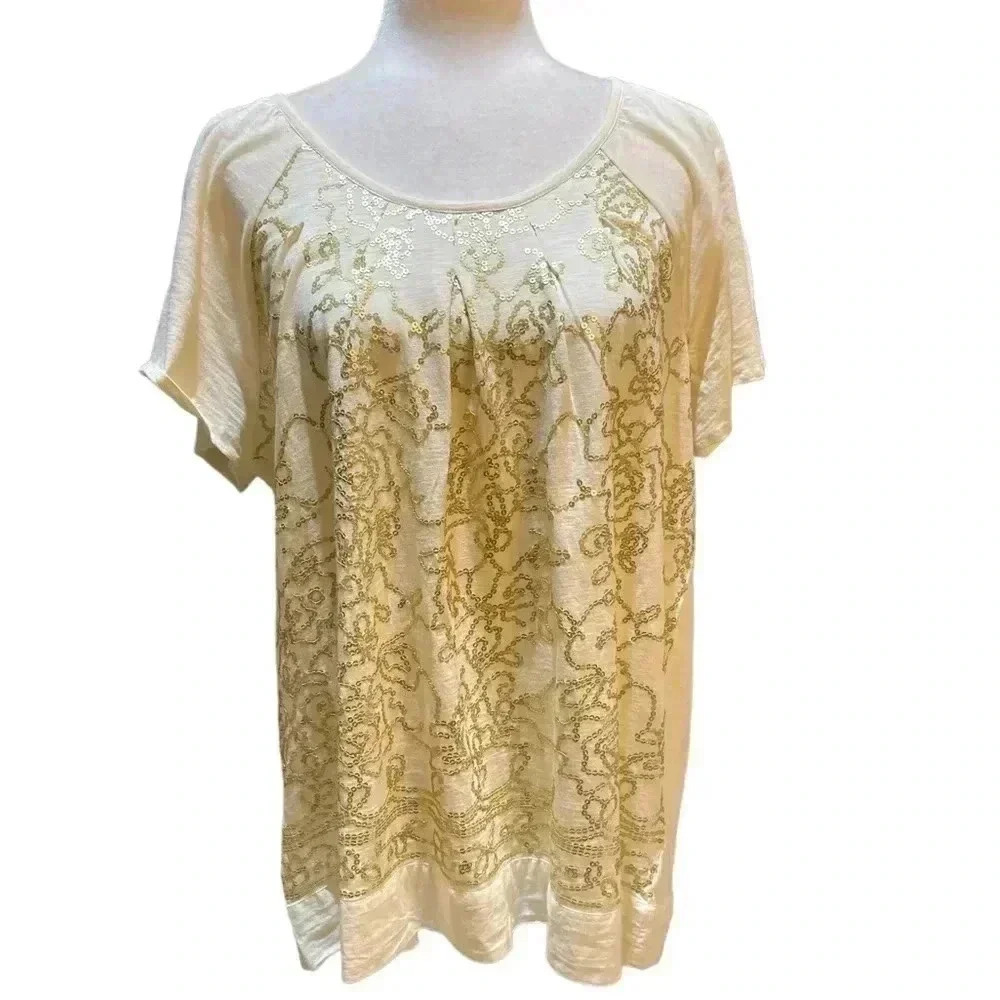 Charter Club Cream Sequined Embellished Short Sleeve Blouse Size 1X